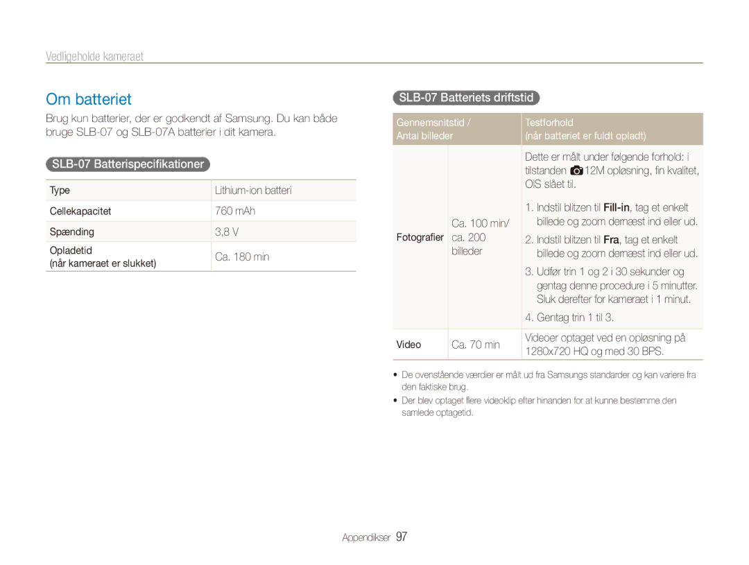 Samsung EC-ST550ZBPGE2, EC-ST550ZBPLE2 manual Om batteriet, SLB-07 Batterispecifikationer, SLB-07 Batteriets driftstid 