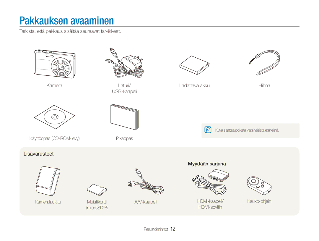 Samsung EC-ST550ZBPOE2, EC-ST550ZBPLE2, EC-ST550ZBPGE2, EC-ST550ZBPBE2 manual Pakkauksen avaaminen, Lisävarusteet 