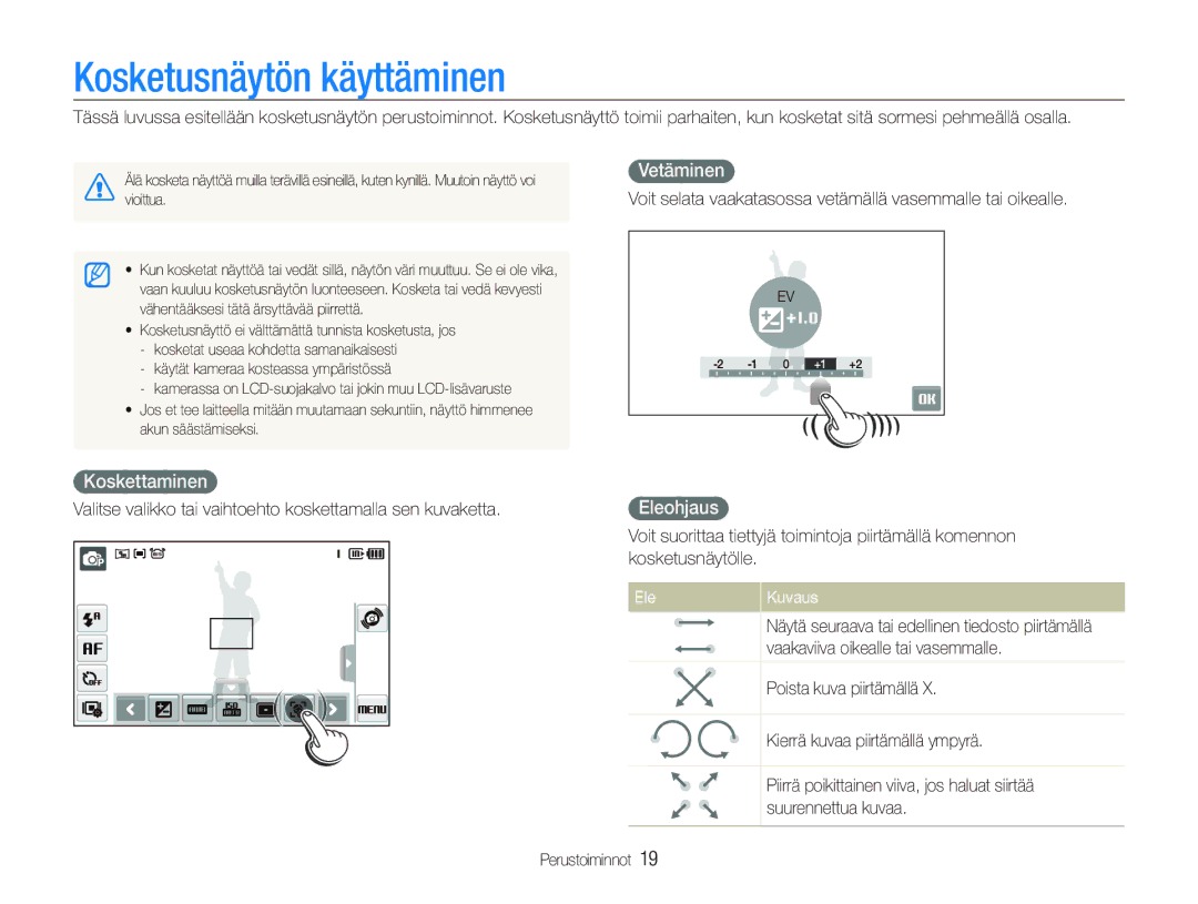 Samsung EC-ST550ZBPLE2, EC-ST550ZBPOE2 manual Kosketusnäytön käyttäminen, Vetäminen, Koskettaminen, Eleohjaus, Ele Kuvaus 