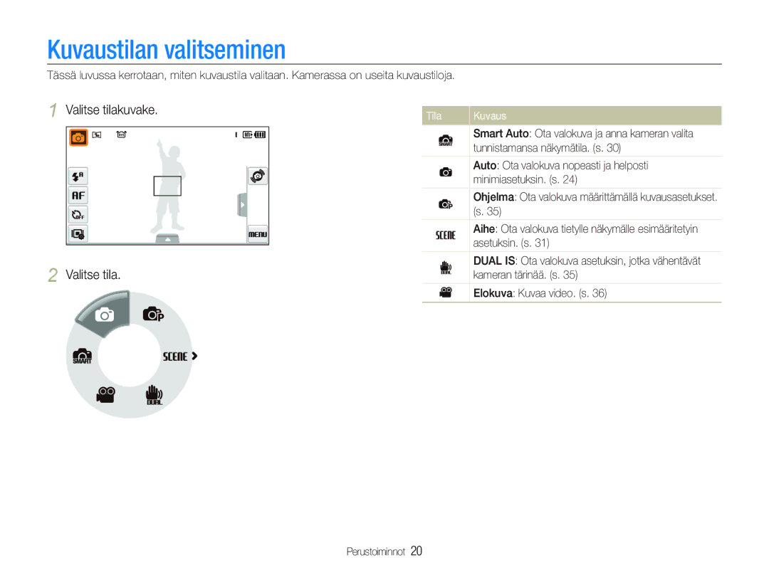 Samsung EC-ST550ZBPOE2, EC-ST550ZBPLE2, EC-ST550ZBPGE2, EC-ST550ZBPBE2 Kuvaustilan valitseminen, Valitse tilakuvake, Tila 