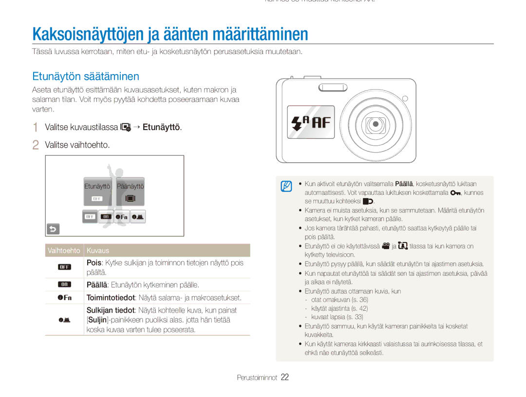 Samsung EC-ST550ZBPBE2, EC-ST550ZBPLE2 Kaksoisnäyttöjen ja äänten määrittäminen, Etunäytön säätäminen, Vaihtoehto Kuvaus 