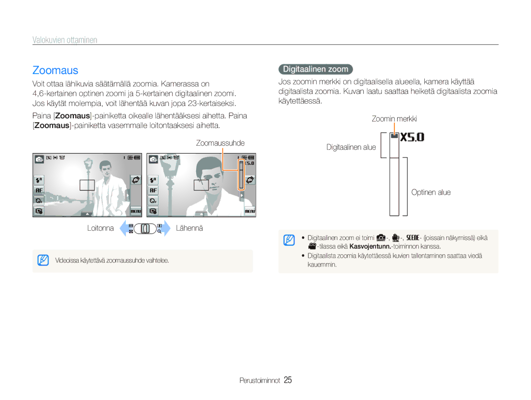 Samsung EC-ST550ZBPGE2, EC-ST550ZBPLE2, EC-ST550ZBPOE2 manual Valokuvien ottaminen, Digitaalinen zoom, Zoomaussuhde 