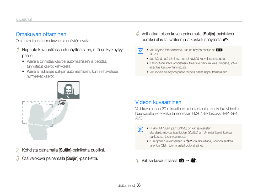 Samsung EC-ST550ZBPOE2, EC-ST550ZBPLE2, EC-ST550ZBPGE2 Omakuvan ottaminen, Videon kuvaaminen, Valitse kuvaustilassa a “ 