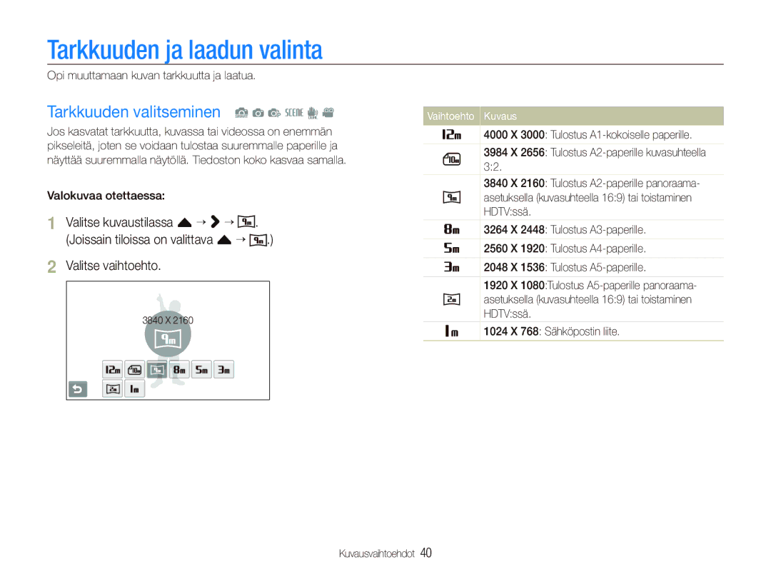 Samsung EC-ST550ZBPOE2, EC-ST550ZBPLE2, EC-ST550ZBPGE2 manual Tarkkuuden ja laadun valinta, Tarkkuuden valitseminen S a p s d 