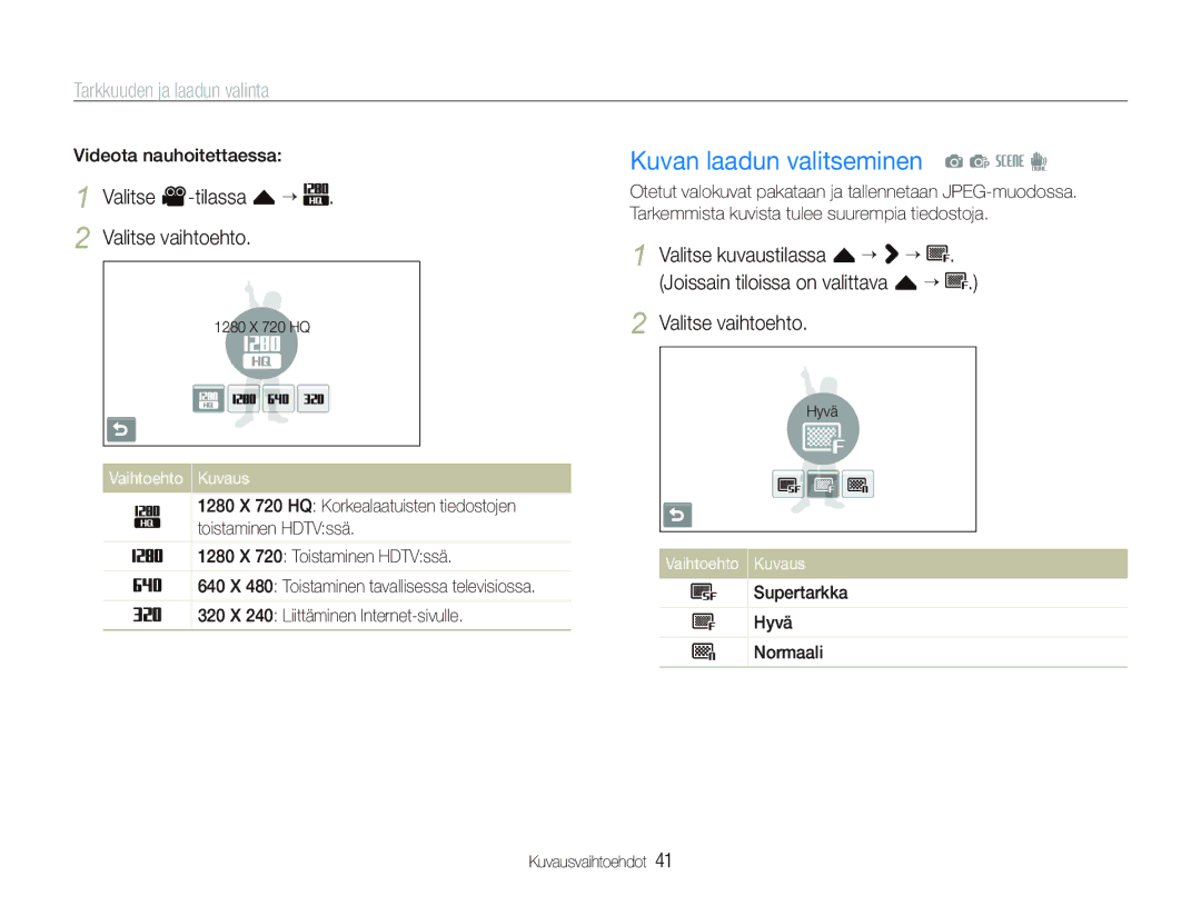 Samsung EC-ST550ZBPGE2 manual Kuvan laadun valitseminen a p s d, Tarkkuuden ja laadun valinta, Videota nauhoitettaessa 