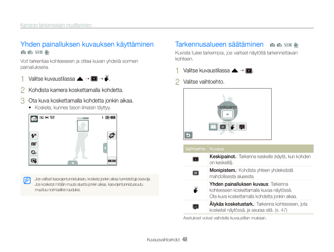 Samsung EC-ST550ZBPOE2, EC-ST550ZBPLE2 manual Yhden painalluksen kuvauksen käyttäminen, Tarkennusalueen säätäminen a p s d 