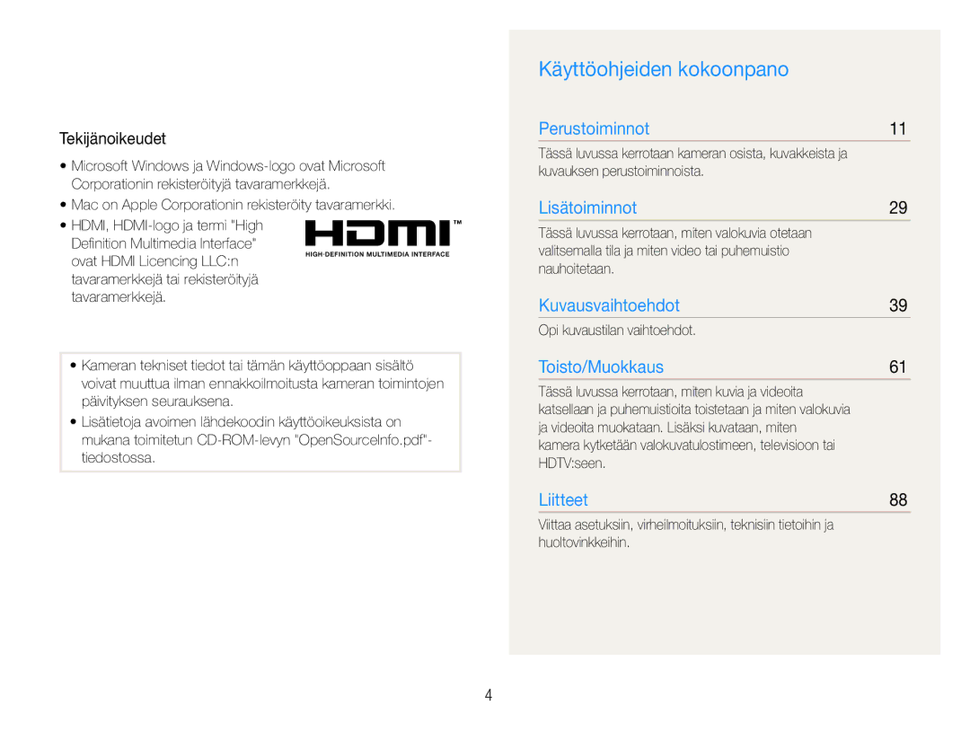 Samsung EC-ST550ZBPOE2, EC-ST550ZBPLE2, EC-ST550ZBPGE2, EC-ST550ZBPBE2 manual Käyttöohjeiden kokoonpano, Tekijänoikeudet 