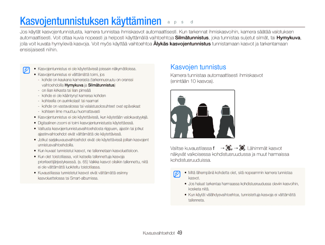 Samsung EC-ST550ZBPGE2, EC-ST550ZBPLE2, EC-ST550ZBPOE2 manual Kasvojentunnistuksen käyttäminen a p s d, Kasvojen tunnistus 