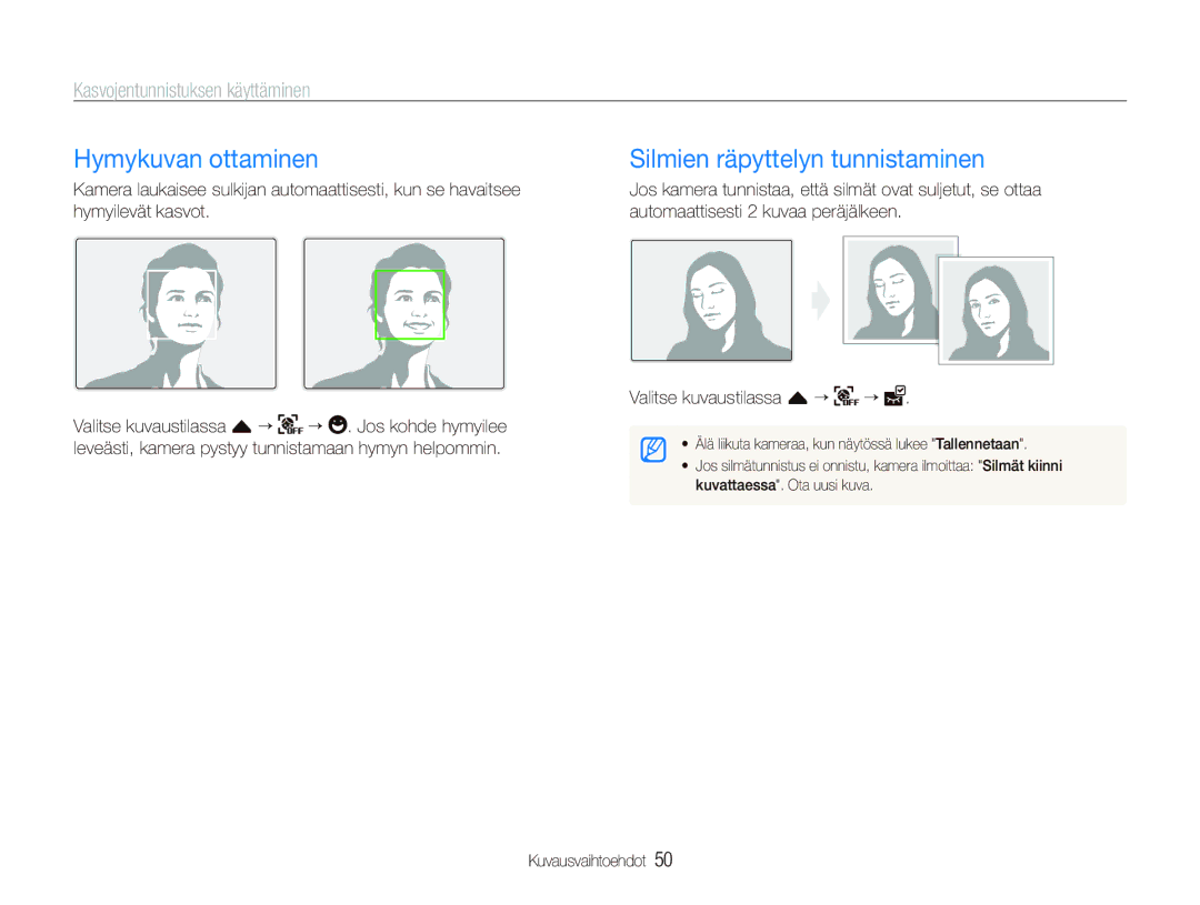 Samsung EC-ST550ZBPBE2 manual Hymykuvan ottaminen, Silmien räpyttelyn tunnistaminen, Kasvojentunnistuksen käyttäminen 