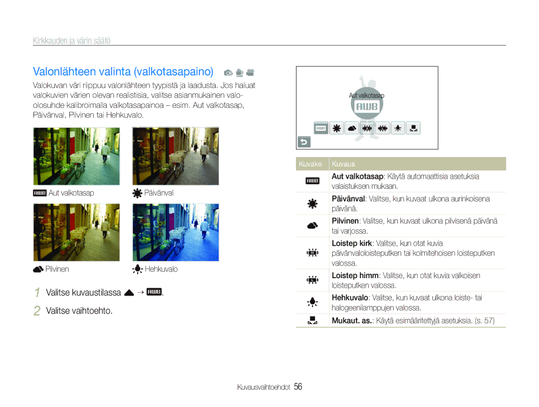 Samsung EC-ST550ZBPOE2 manual Valonlähteen valinta valkotasapaino p d, Valitse kuvaustilassa f ““ Valitse vaihtoehto 