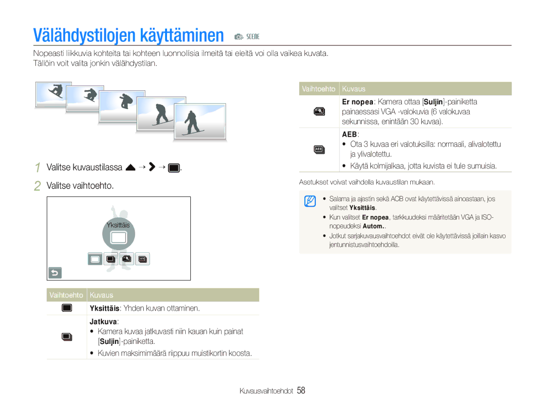 Samsung EC-ST550ZBPBE2, EC-ST550ZBPLE2 Välähdystilojen käyttäminen p s, Valitse kuvaustilassa f “ “ Valitse vaihtoehto 