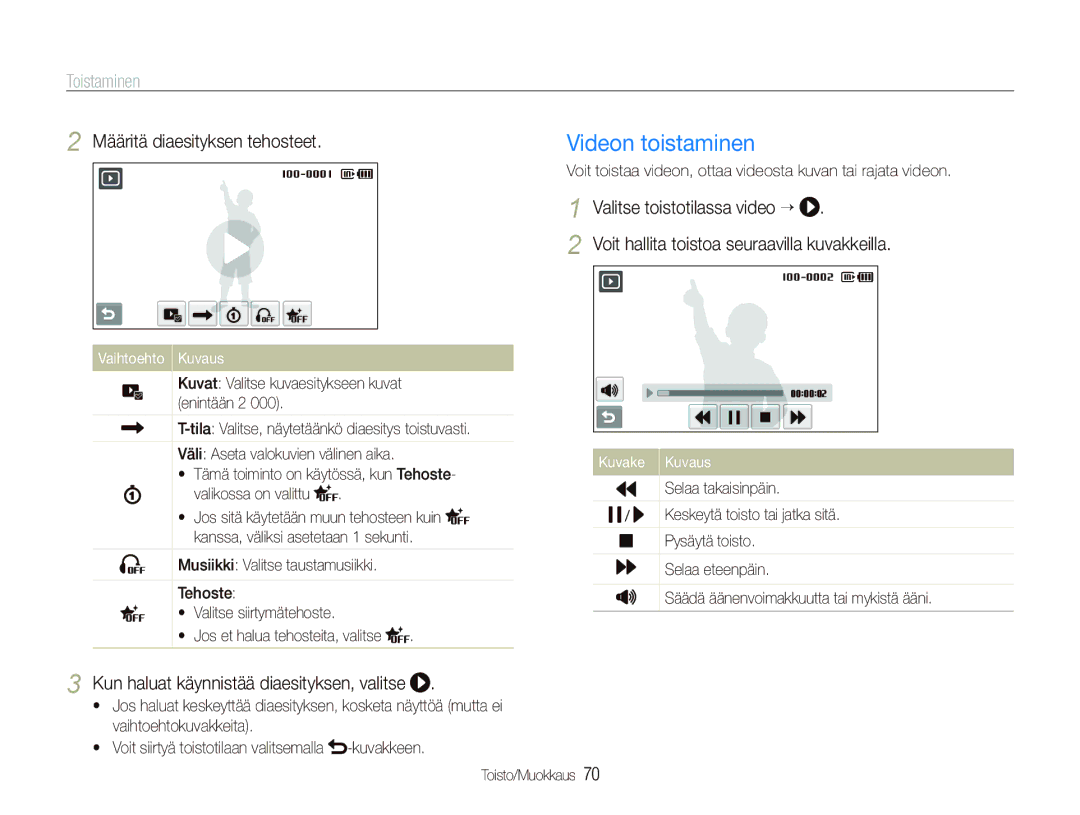 Samsung EC-ST550ZBPBE2 Videon toistaminen, Määritä diaesityksen tehosteet, Kun haluat käynnistää diaesityksen, valitse 