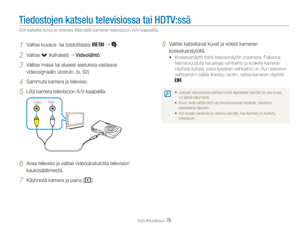 Samsung EC-ST550ZBPBE2, EC-ST550ZBPLE2, EC-ST550ZBPOE2, EC-ST550ZBPGE2 manual Tiedostojen katselu televisiossa tai HDTVssä 