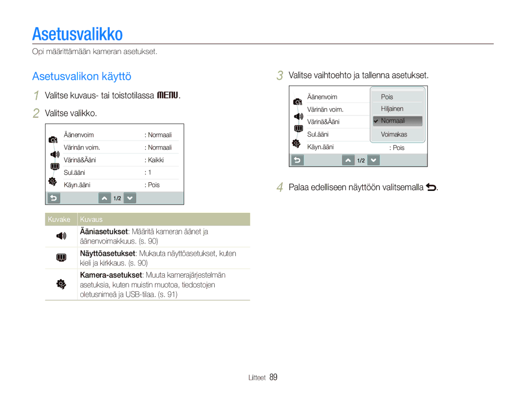 Samsung EC-ST550ZBPGE2 manual Asetusvalikko, Asetusvalikon käyttö, Valitse kuvaus- tai toistotilassa M Valitse valikko 