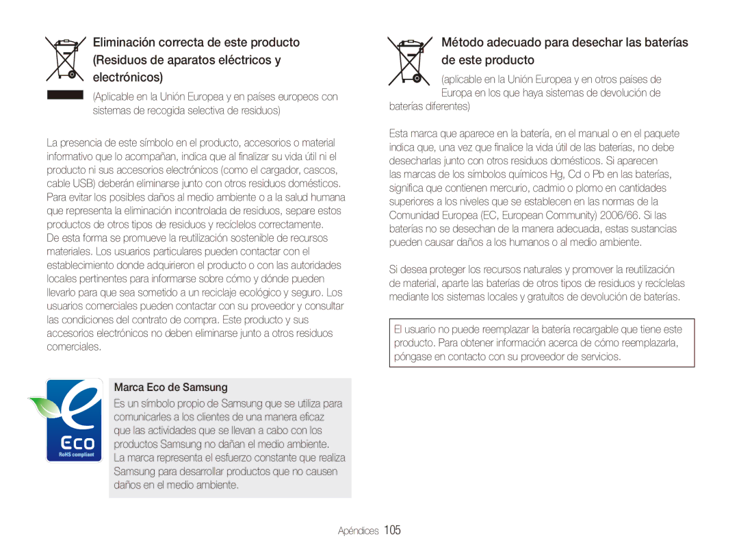 Samsung EC-ST550ZBPGE1, EC-ST550ZBPOE1 Método adecuado para desechar las baterías de este producto, Marca Eco de Samsung 