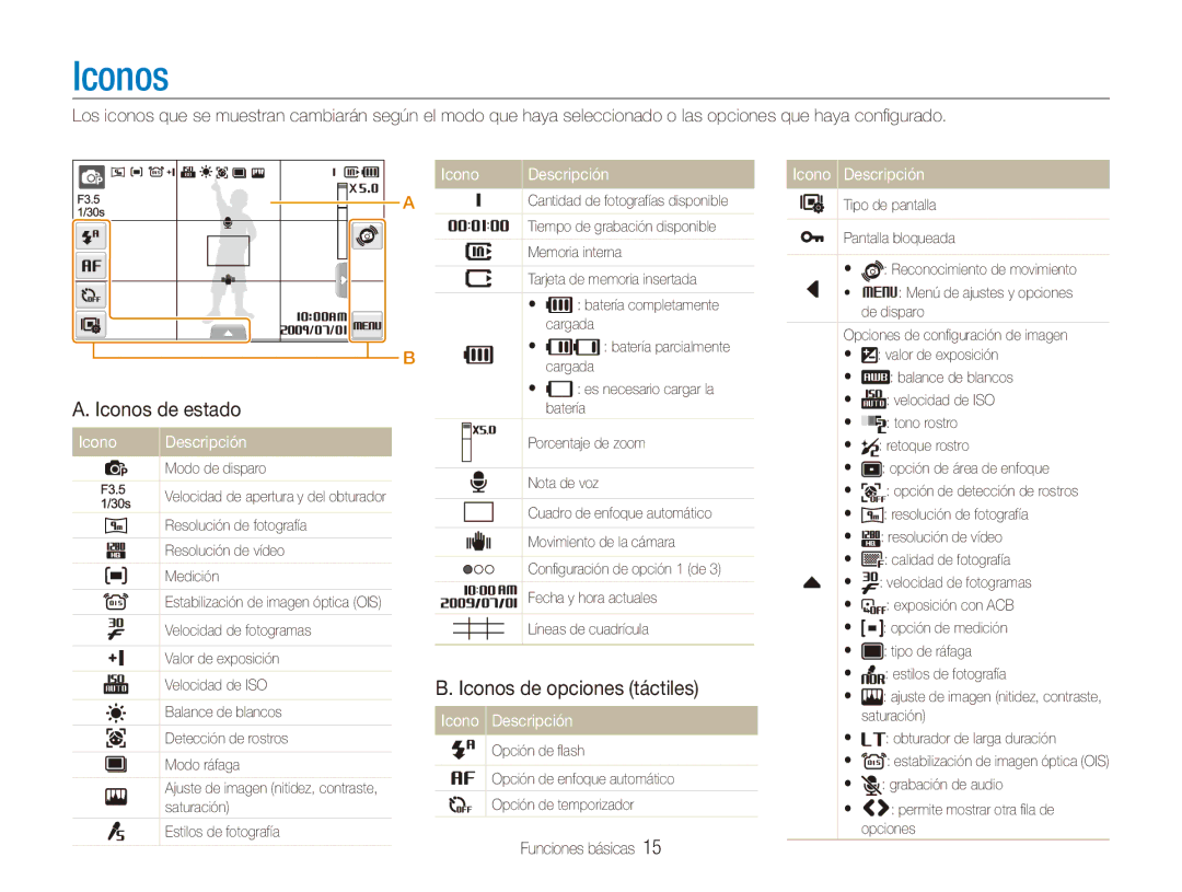 Samsung EC-ST550ZBPBE3, EC-ST550ZBPOE1, EC-ST550ZBPGE1 Iconos de estado, Iconos de opciones táctiles, Icono Descripción 