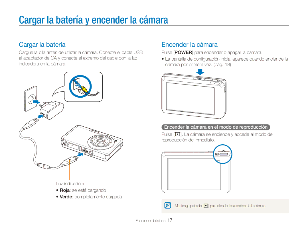 Samsung EC-ST550ZBPGE3, EC-ST550ZBPOE1, EC-ST550ZBPGE1 manual Cargar la batería y encender la cámara, Encender la cámara 