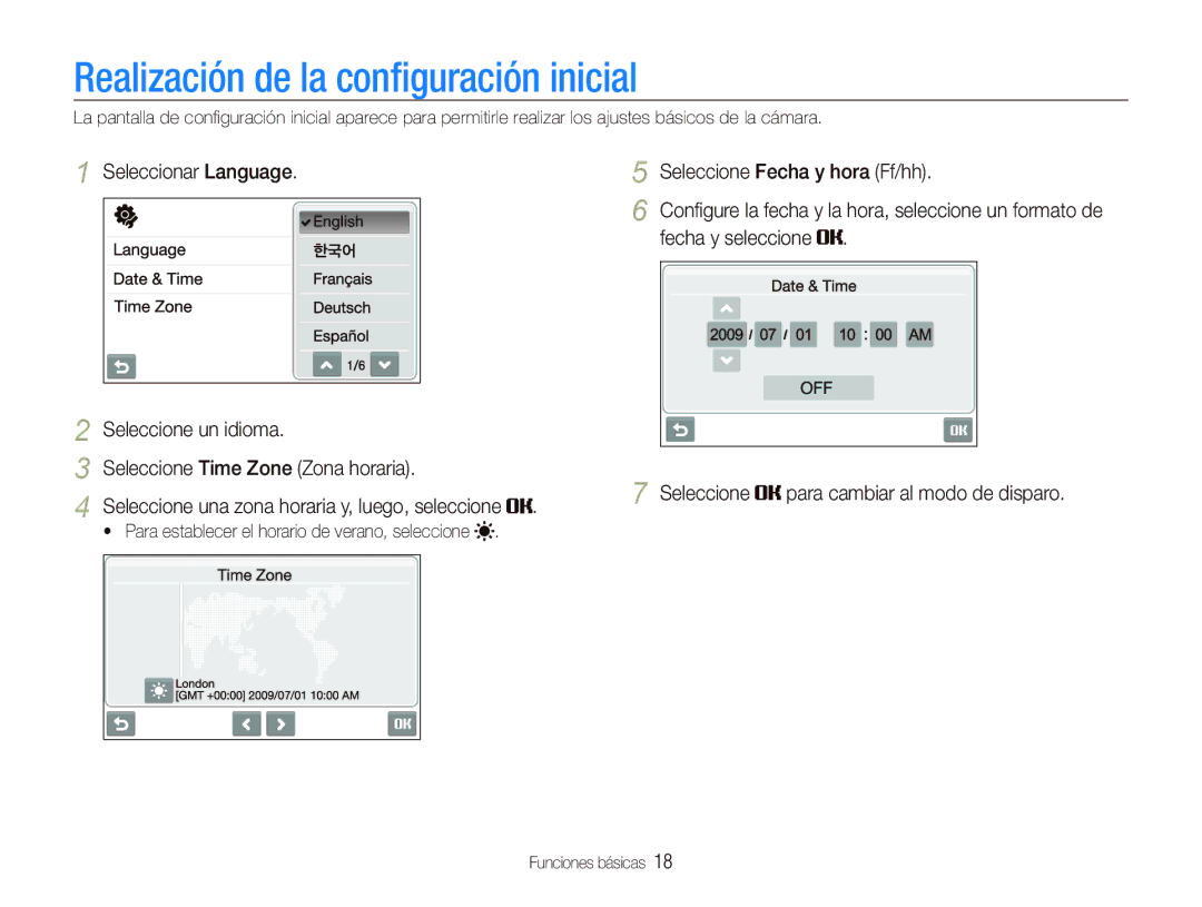 Samsung EC-ST550ZBPLE1 manual Realización de la conﬁguración inicial, Seleccionar Language Seleccione Fecha y hora Ff/hh 