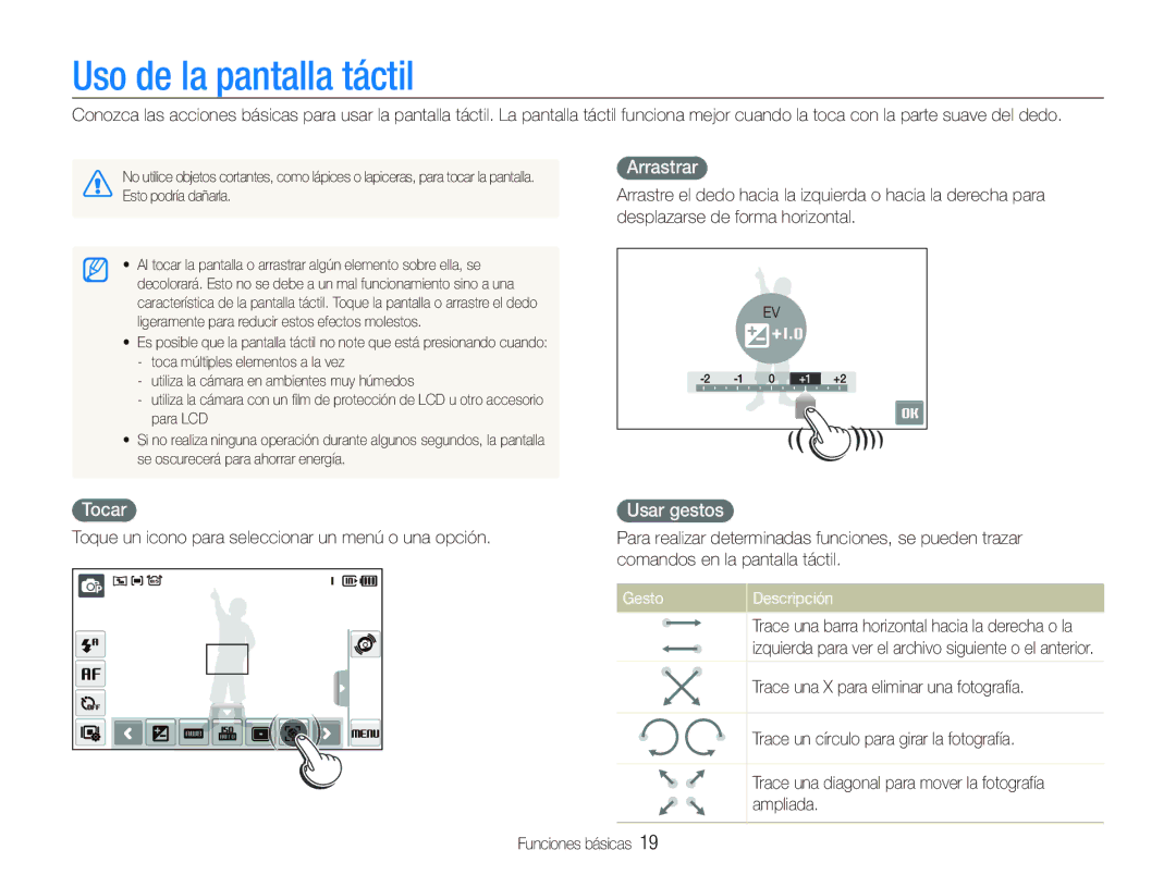 Samsung EC-ST550ZBPLE3, EC-ST550ZBPOE1 manual Uso de la pantalla táctil, Arrastrar, Tocar, Usar gestos, Gesto Descripción 