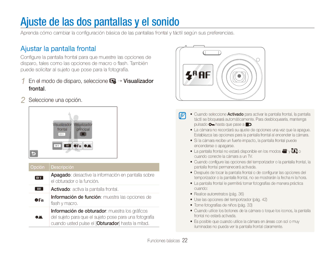 Samsung EC-ST550ZBPBE3 manual Ajuste de las dos pantallas y el sonido, Ajustar la pantalla frontal, Opción Descripción 