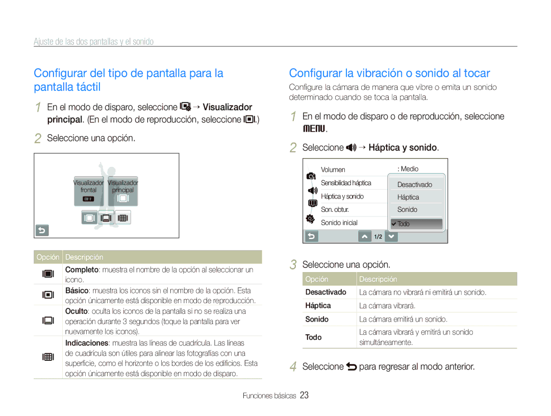 Samsung EC-ST550ZBPOE3 Conﬁgurar del tipo de pantalla para la pantalla táctil, Conﬁgurar la vibración o sonido al tocar 