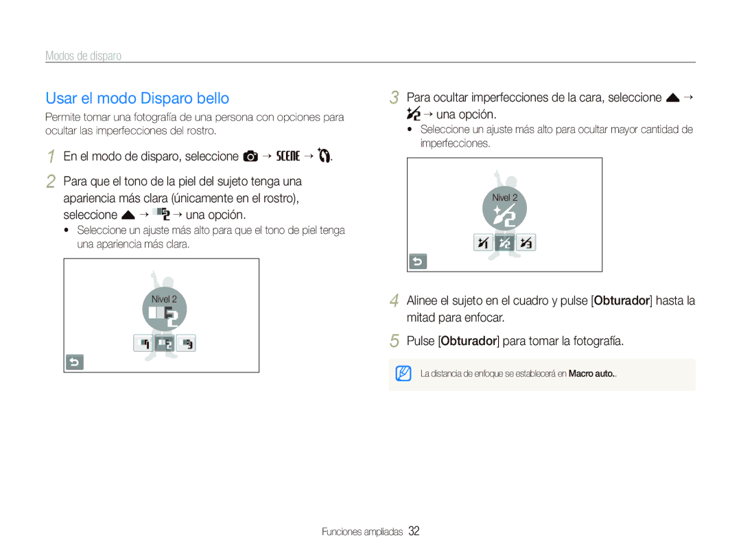 Samsung EC-ST550ZBPLE1, EC-ST550ZBPOE1 manual Usar el modo Disparo bello, Para que el tono de la piel del sujeto tenga una 