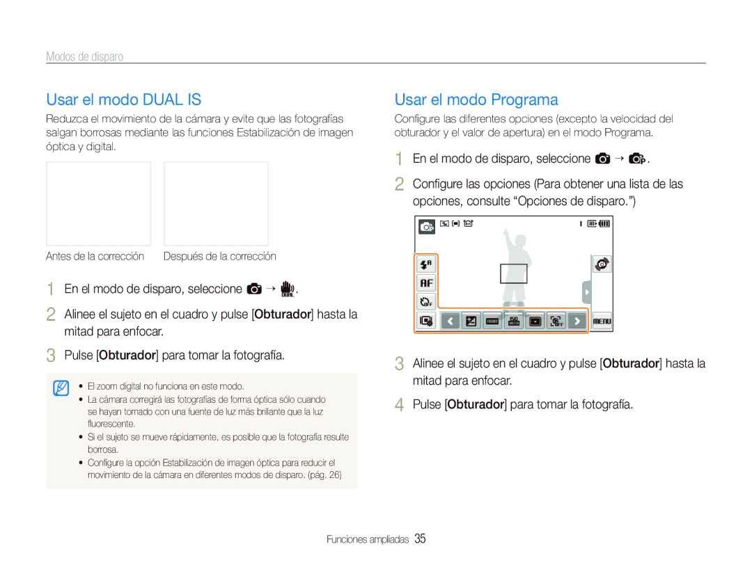 Samsung EC-ST550ZBPGE1 manual Usar el modo Dual is, Usar el modo Programa, En el modo de disparo, seleccione a “ p 