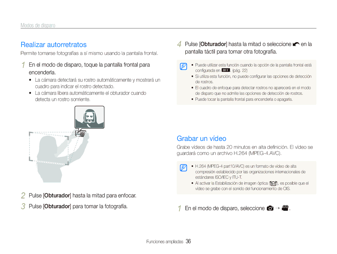 Samsung EC-ST550ZBPBE3, EC-ST550ZBPOE1 manual Realizar autorretratos, Grabar un vídeo, En el modo de disparo, seleccione a “ 