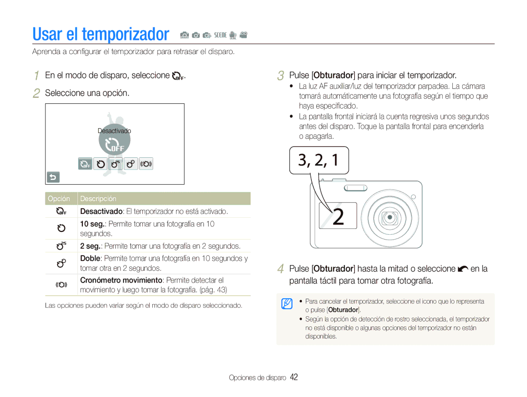 Samsung EC-ST550ZBPGE1 manual Usar el temporizador S a p s d, En el modo de disparo, seleccione Seleccione una opción 