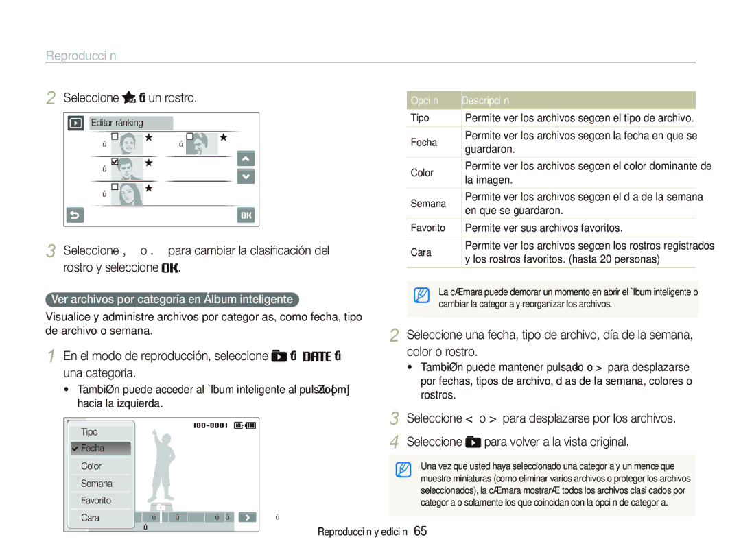 Samsung EC-ST550ZBPOE3, EC-ST550ZBPOE1 Seleccione “ un rostro, En el modo de reproducción, seleccione “ “ una categoría 