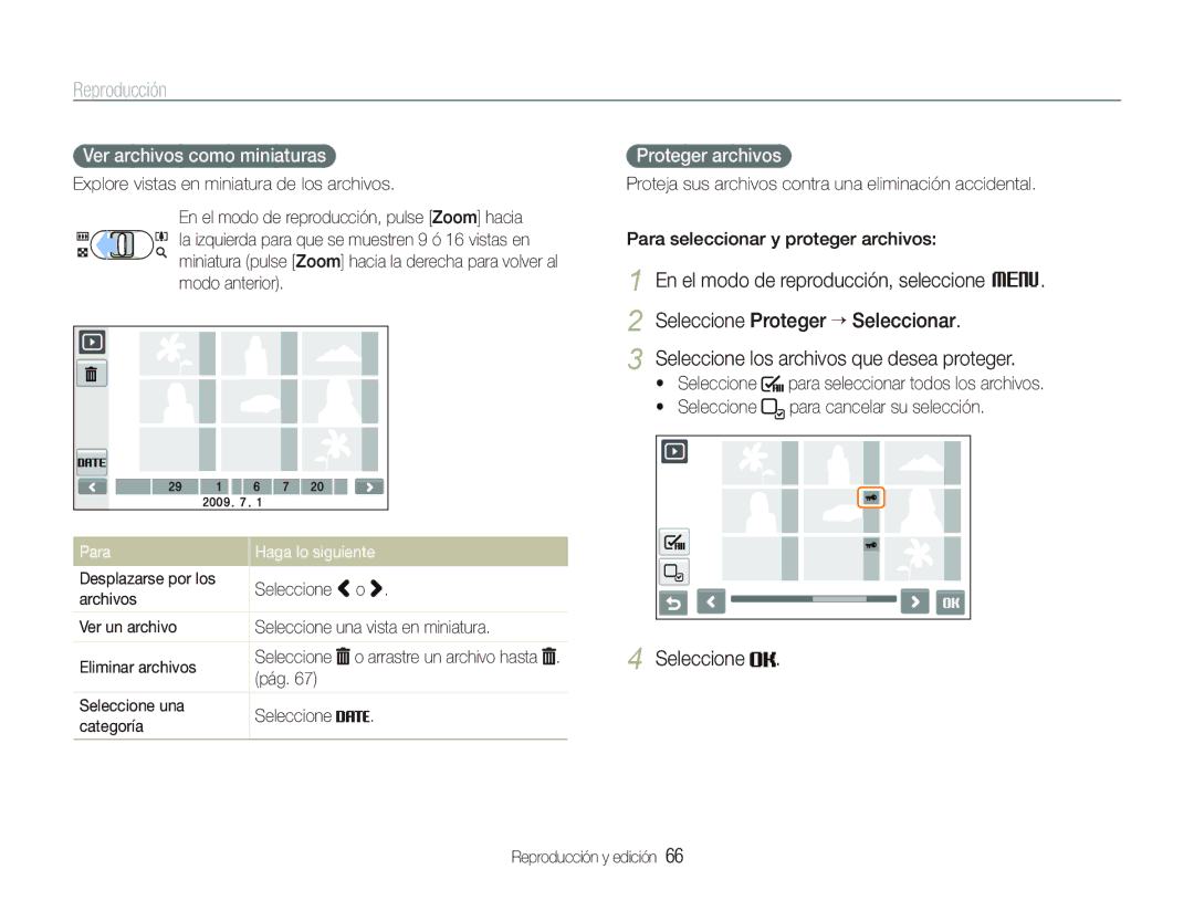 Samsung EC-ST550ZBPGE3, EC-ST550ZBPOE1 manual Ver archivos como miniaturas, Proteger archivos, Para Haga lo siguiente 