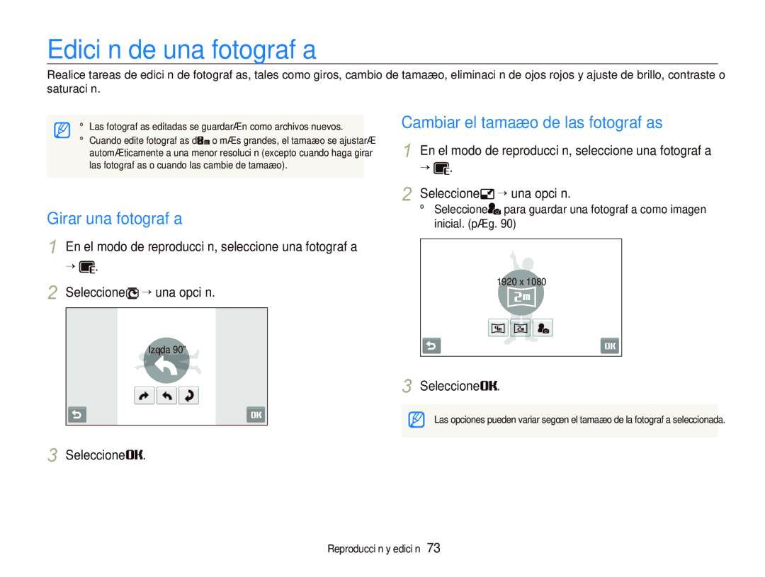 Samsung EC-ST550ZBPGE3 manual Edición de una fotografía, Girar una fotografía, Cambiar el tamaño de las fotografías 