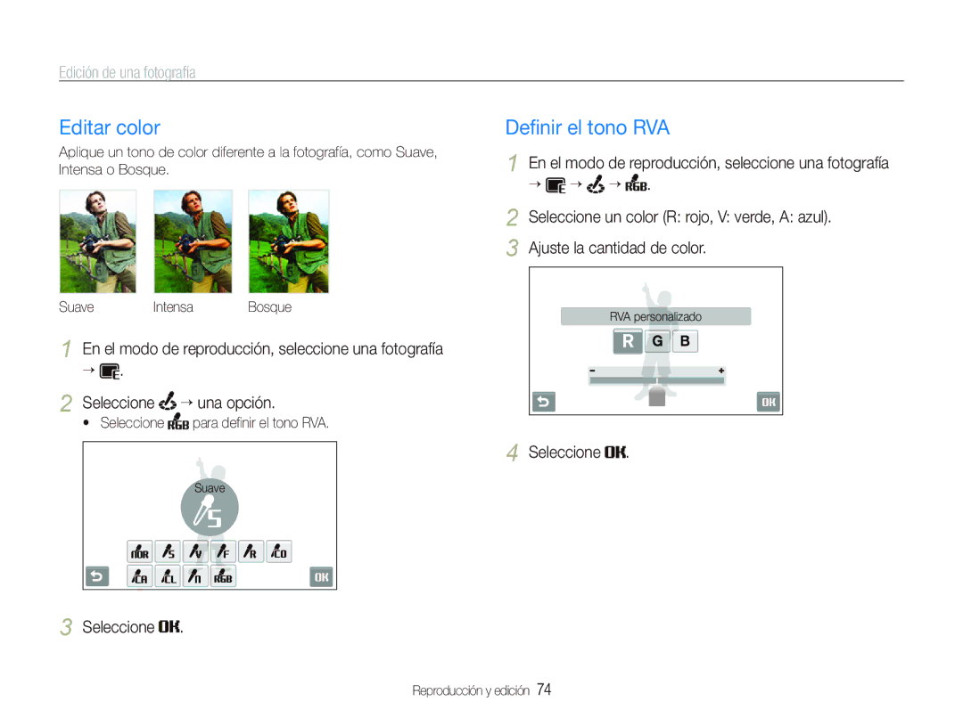 Samsung EC-ST550ZBPLE1, EC-ST550ZBPOE1, EC-ST550ZBPGE1, EC-ST550ZBPBE3 manual Editar color, Edición de una fotografía 