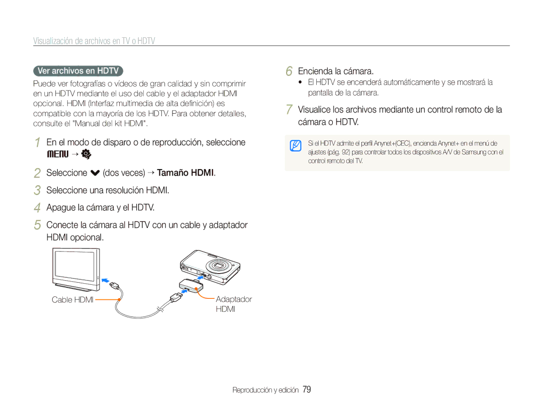 Samsung EC-ST550ZBPOE3, EC-ST550ZBPOE1 manual Visualización de archivos en TV o Hdtv, Ver archivos en Hdtv, Cable Hdmi 