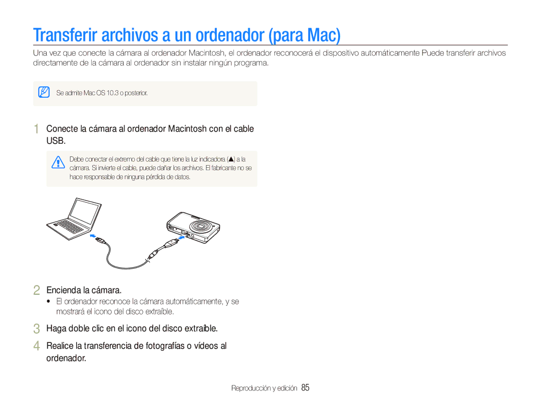 Samsung EC-ST550ZBPBE3, EC-ST550ZBPOE1, EC-ST550ZBPGE1, EC-ST550ZBPOE3 manual Transferir archivos a un ordenador para Mac 