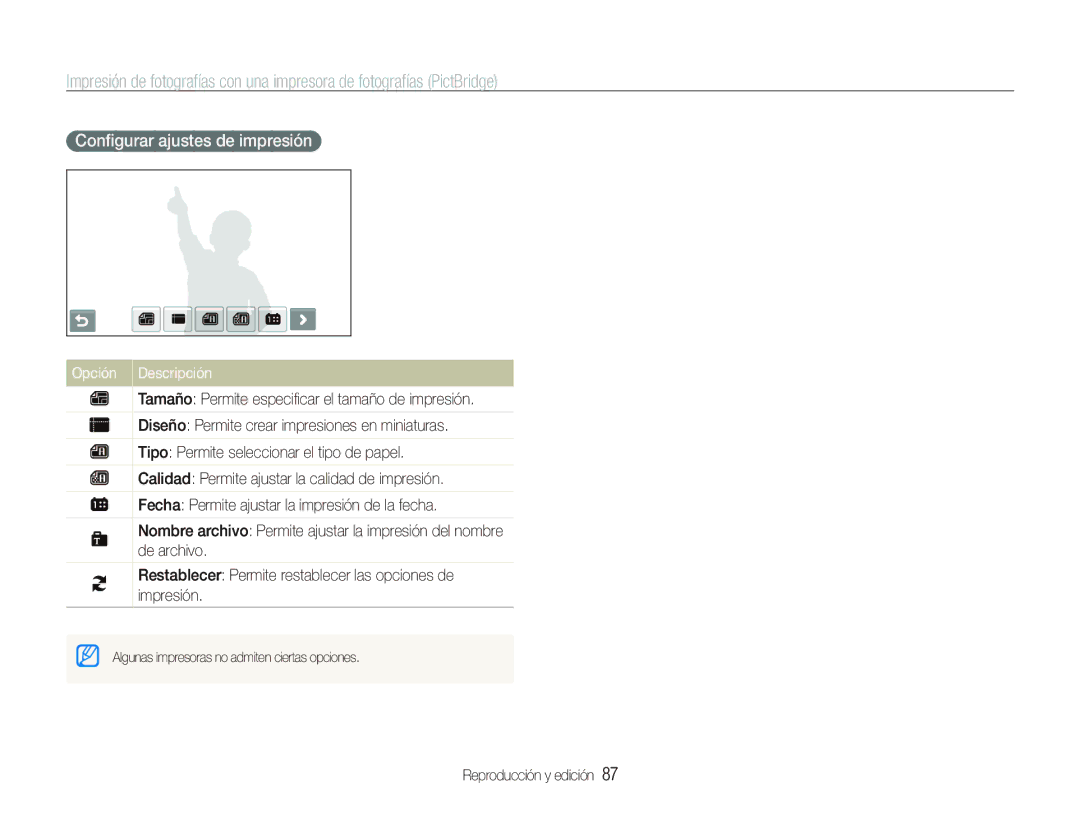 Samsung EC-ST550ZBPGE3, EC-ST550ZBPOE1, EC-ST550ZBPGE1, EC-ST550ZBPBE3, EC-ST550ZBPOE3 manual Conﬁgurar ajustes de impresión 