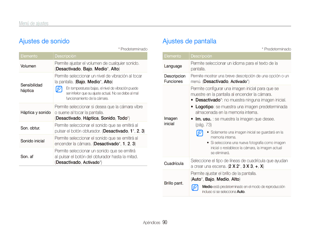 Samsung EC-ST550ZBPOE1, EC-ST550ZBPGE1 manual Ajustes de sonido, Ajustes de pantalla, Menú de ajustes, Elemento Descripción 