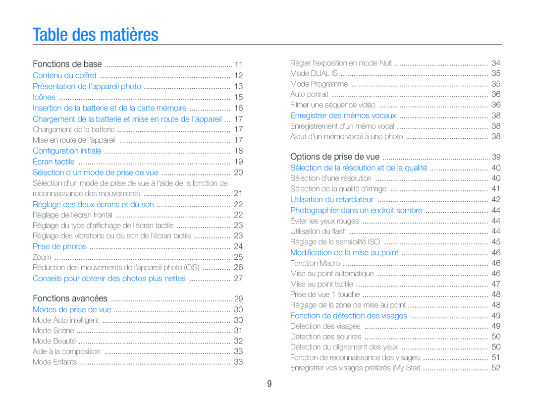 Samsung EC-ST550ZBPOAU, EC-ST550ZBPOIN, EC-ST550ZBPGIT, EC-ST550ZBAOE1, EC-ST560ZBPOE1, EC-ST550ZBPOFR manual Table des matières 