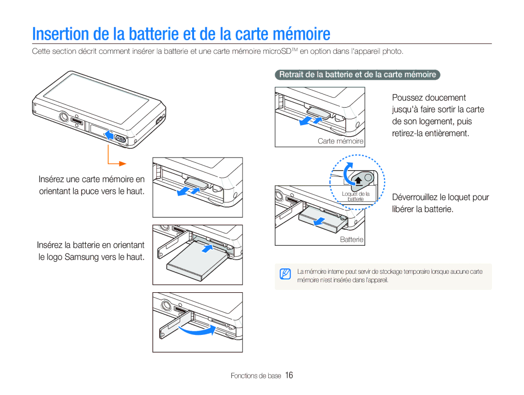 Samsung EC-ST560ZBPGE1 Insertion de la batterie et de la carte mémoire, Retrait de la batterie et de la carte mémoire 