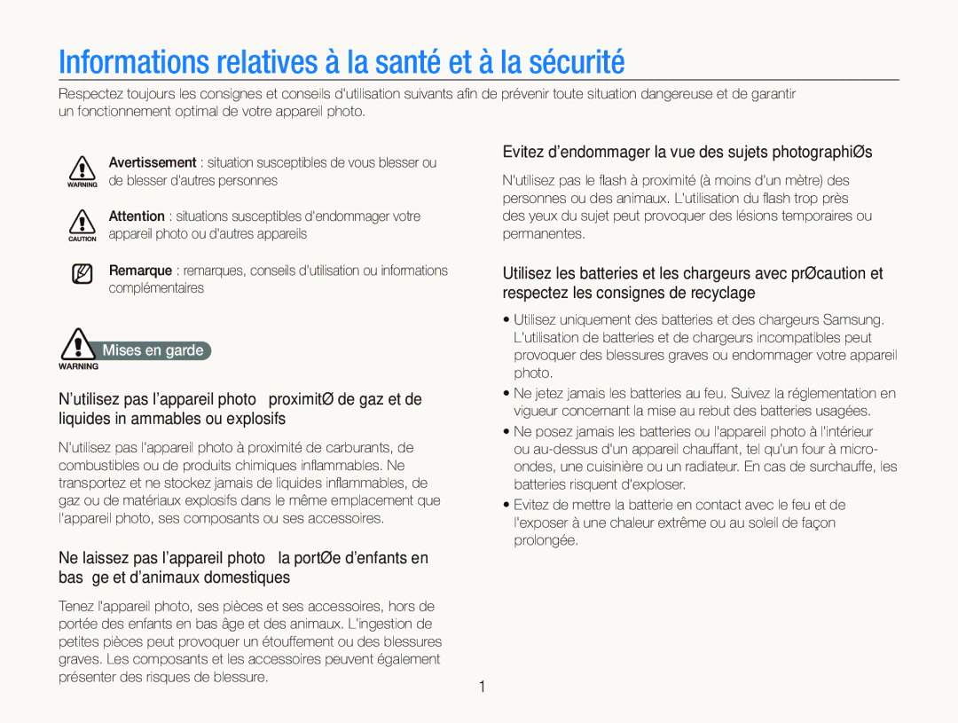 Samsung EC-ST550ZBAOE1, EC-ST550ZBPOIN, EC-ST550ZBPGIT Informations relatives à la santé et à la sécurité, Mises en garde 