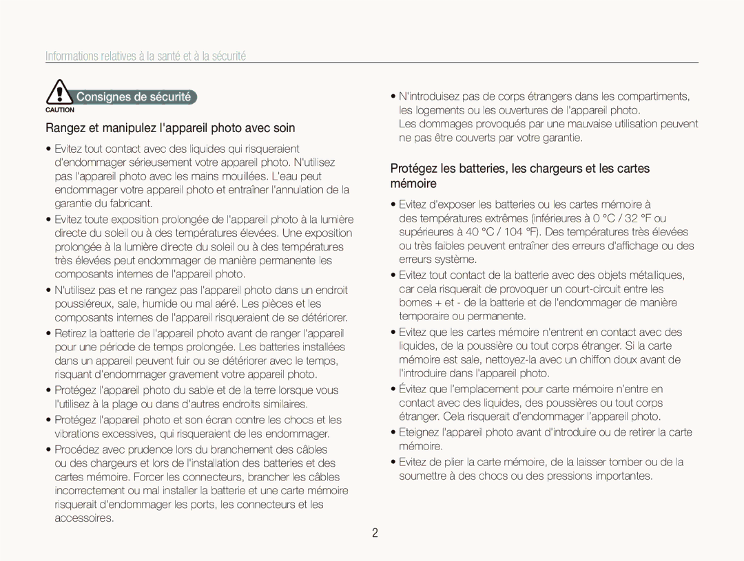 Samsung EC-ST560ZBPOE1 Informations relatives à la santé et à la sécurité, Rangez et manipulez lappareil photo avec soin 