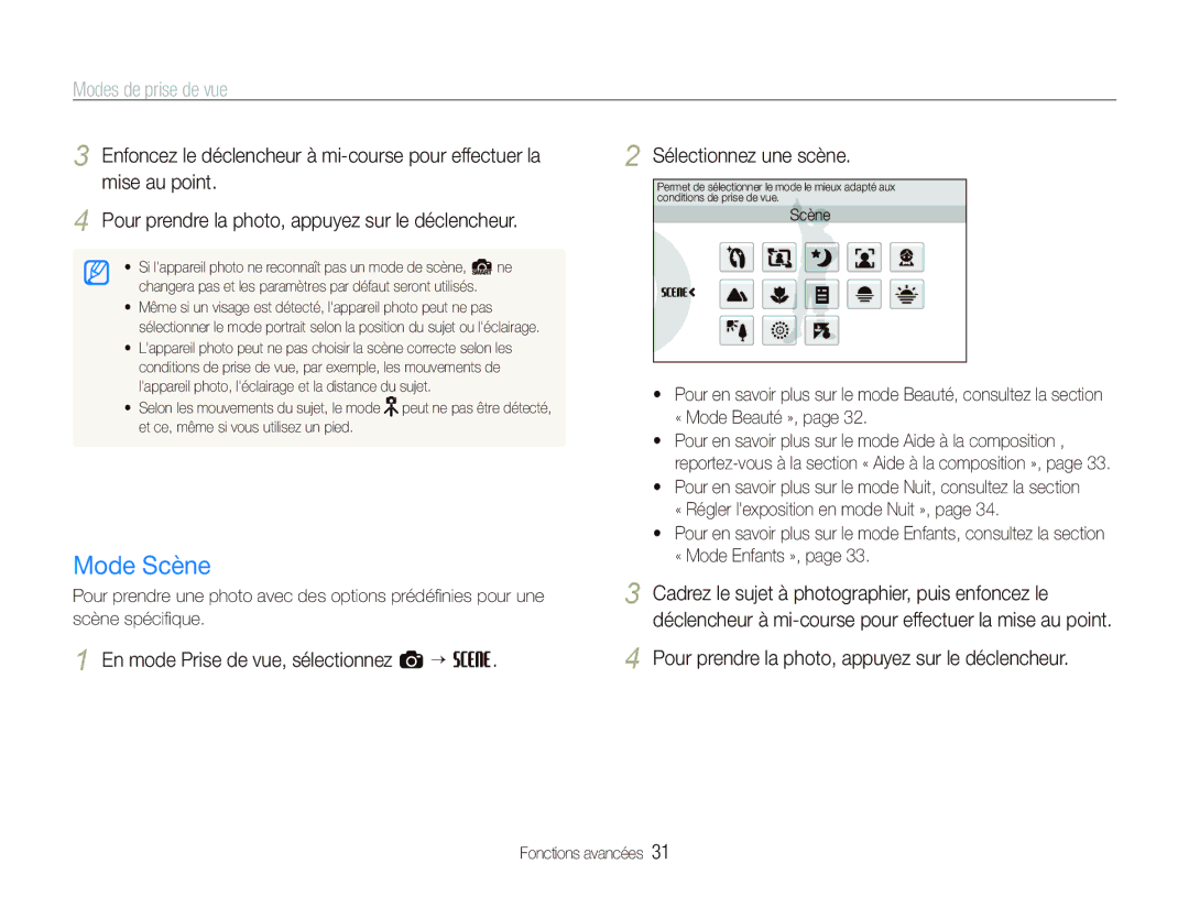 Samsung EC-ST550ZBPGE1 manual Mode Scène, Modes de prise de vue, Pour prendre la photo, appuyez sur le déclencheur 