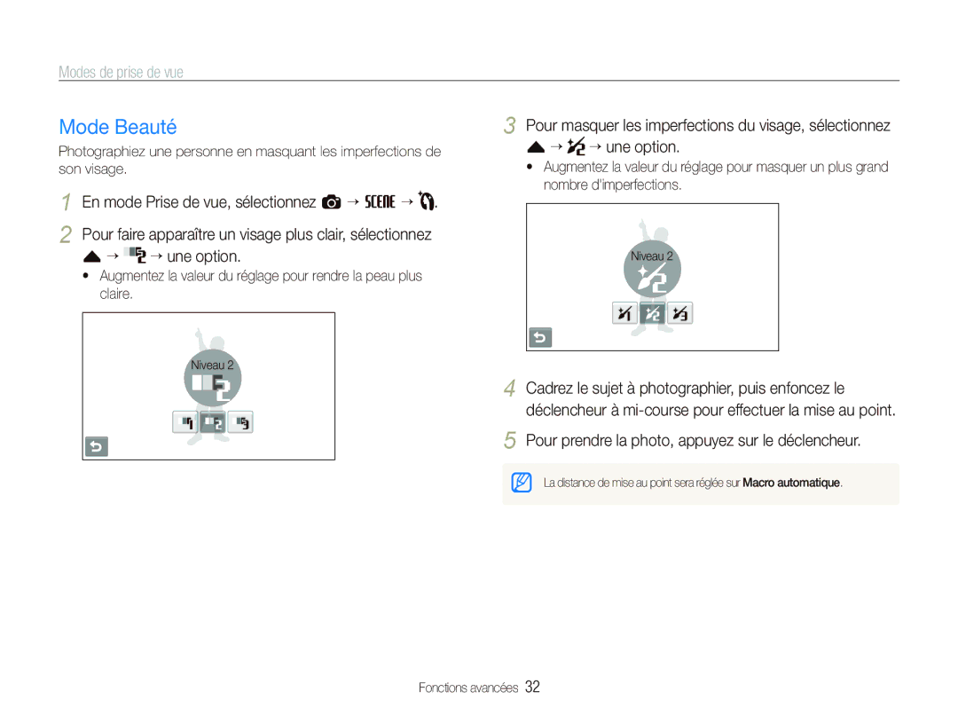 Samsung EC-ST550ZBPOIT manual Mode Beauté, ““ ““une option, Pour faire apparaître un visage plus clair, sélectionnez 