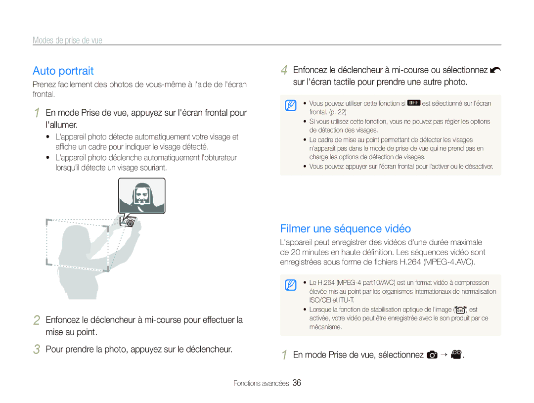 Samsung EC-ST550ZBPGIT, EC-ST550ZBPOIN Auto portrait, Filmer une séquence vidéo, En mode Prise de vue, sélectionnez a “ 