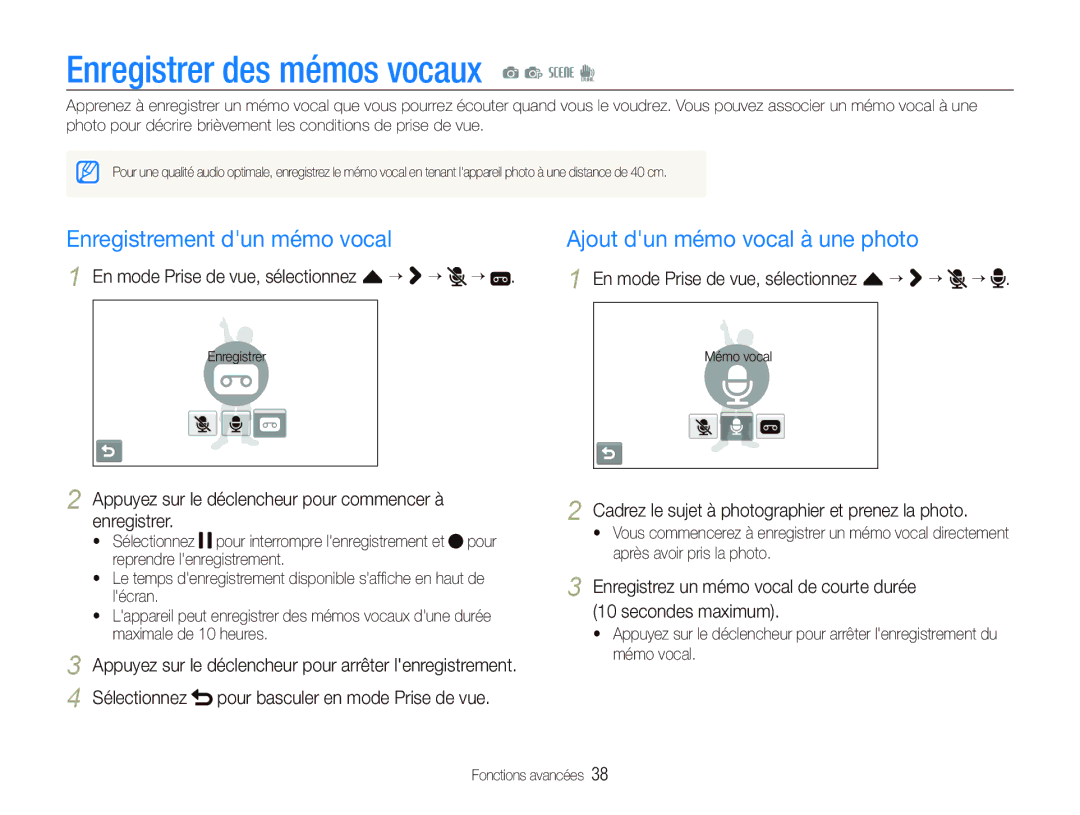 Samsung EC-ST560ZBPOE1, EC-ST550ZBPOIN Enregistrer des mémos vocaux a p s d, En mode Prise de vue, sélectionnez f “ “ “ 
