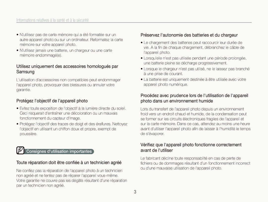 Samsung EC-ST550ZBPOFR Utilisez uniquement des accessoires homologués par Samsung, Protégez lobjectif de lappareil photo 