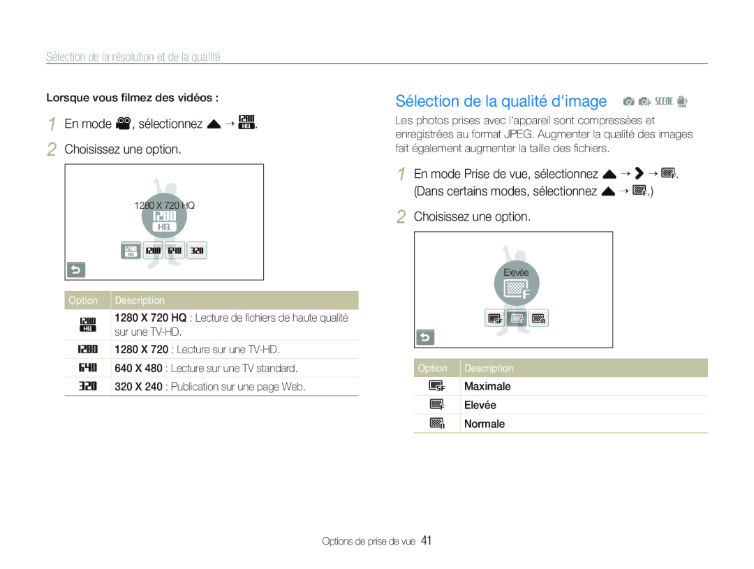 Samsung EC-ST550ZBPGAU manual Sélection de la qualité dimage a p s d, Sélection de la résolution et de la qualité, Option 