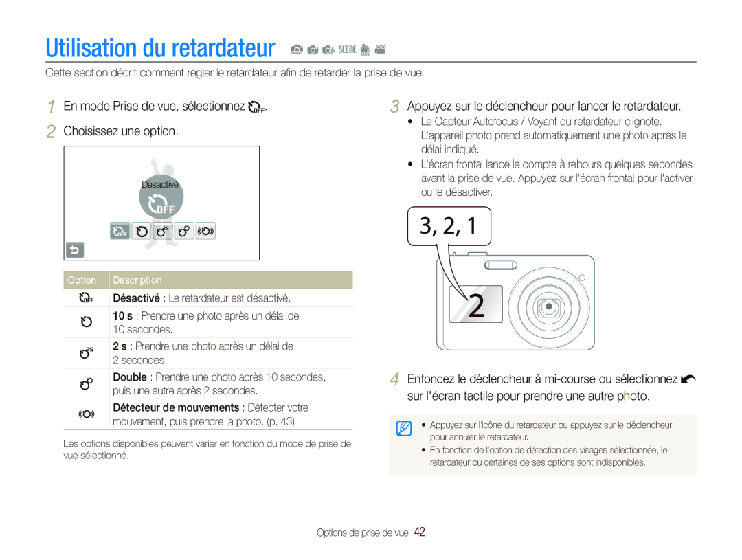 Samsung EC-ST550ZBPOE1 Utilisation du retardateur S a p s d, En mode Prise de vue, sélectionnez Choisissez une option 