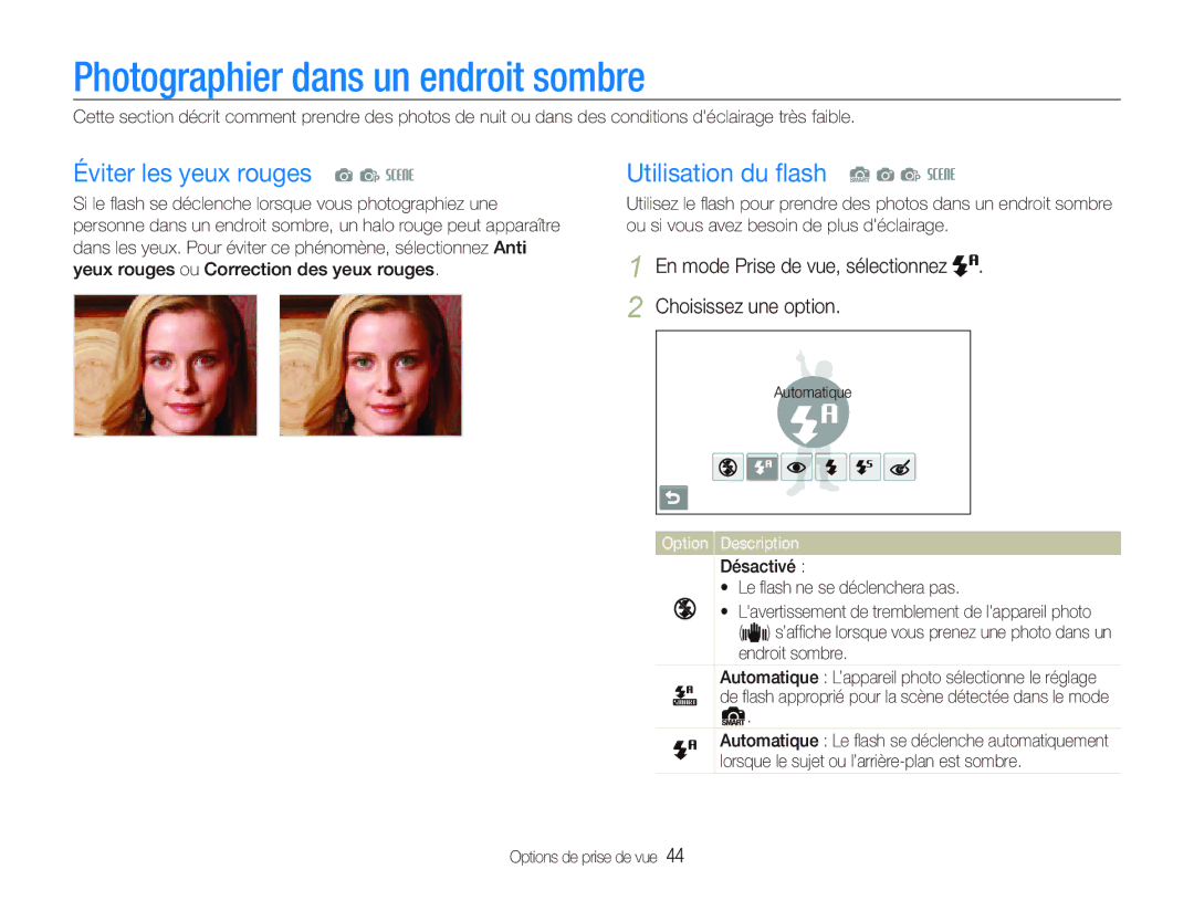 Samsung EC-ST550ZBPOIT Photographier dans un endroit sombre, Éviter les yeux rouges a p s, Utilisation du ﬂash S a p s 