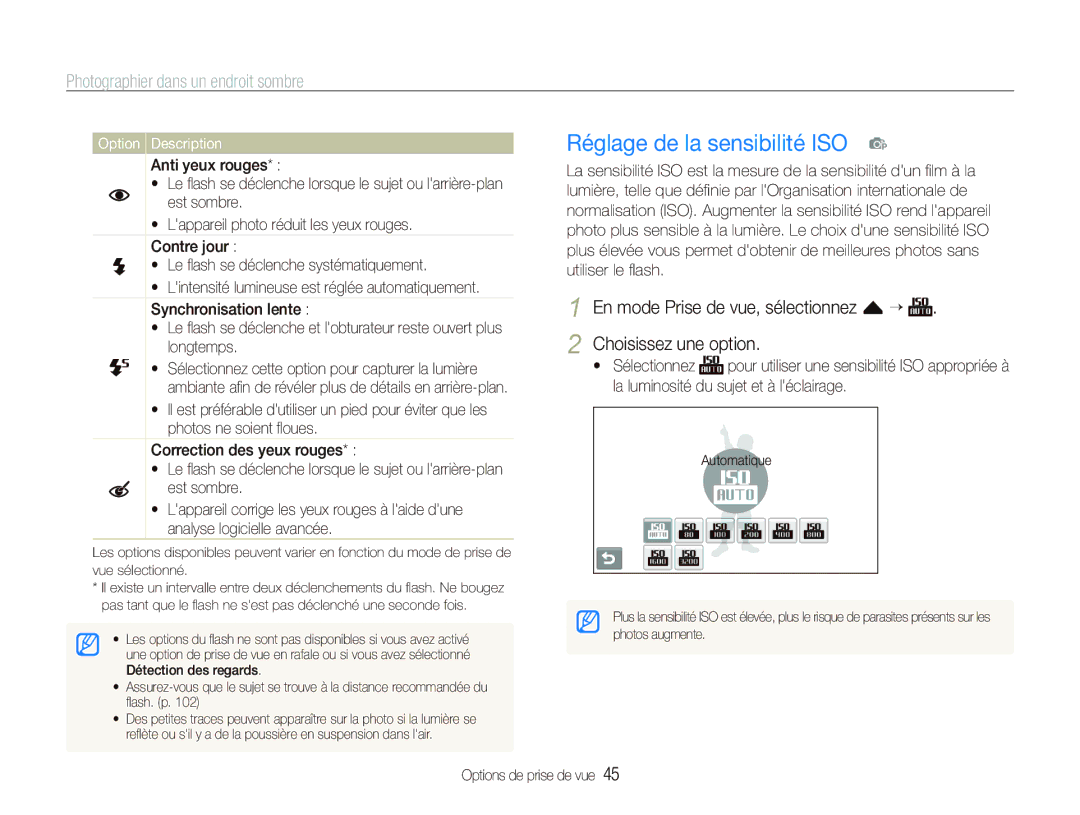 Samsung EC-ST550ZBPOAU, EC-ST550ZBPOIN manual Réglage de la sensibilité ISO p, Photographier dans un endroit sombre 